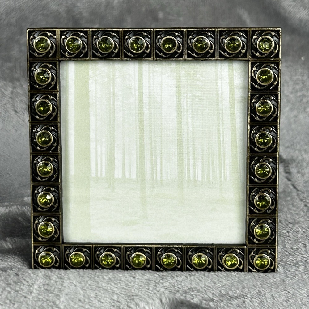 VTG Brass Jeweled Metal Square Frame Green Peridot Colored Rhinestones Boho